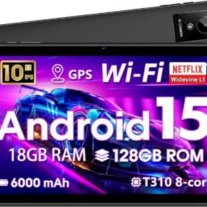 10 Inch Tablet, Android Tablet 10 Inch, Android 15 Tablet with 18GB RAM 128GB ROM, 1TB Expandable, Widevine L1, Octa-Core Processor, WiFi 5, 6000mAh Battery, T310 CPU, Dual Camera (5MP+8MP), Black