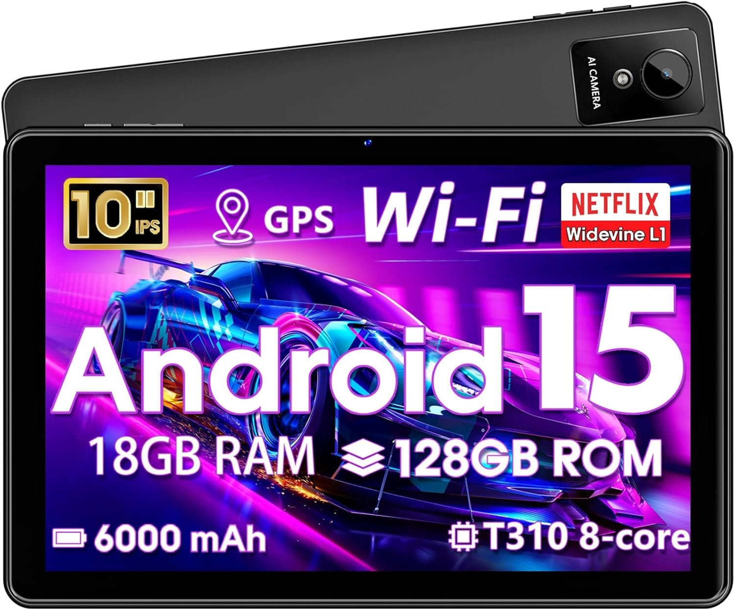 10 Inch Tablet, Android Tablet 10 Inch, Android 15 Tablet with 18GB RAM 128GB ROM, 1TB Expandable, Widevine L1, Octa-Core Processor, WiFi 5, 6000mAh Battery, T310 CPU, Dual Camera (5MP+8MP), Black