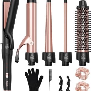5 in 1 Curling Iron with Thermal Brush and 4 Interchangeable Ceramic Barrels(1/2 to 1 1/2 inch), Curling Wand Set with Flat Iron, Fast Heating, Dual Voltage Hair Curler, Gifts for Women