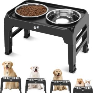 COMESOON Elevated Dog Bowls, 4 Height Adjustable Raised Bowl Stand with 2 Thick 50oz Stainless Steel Food Bowls Non-Slip Feeder Adjusts to 3.7”, 9.2”, 10.75”, 12.36” Black, (DB-W01)