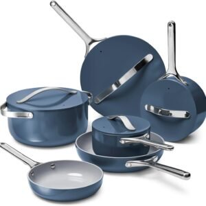 Caraway Deluxe Non-stick Ceramic Cookware Set (16 Piece) Pots, Frying Pans, Lids and Kitchen Storage – PFAS & PFOA Free – Oven Safe Pan Set & Compatible with All Stovetops – Navy