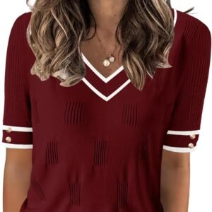 AKEWEI Womens V Neck Sweater Short Sleeve Lightweight Knit Spring Summer Tops with Decorative Buttons