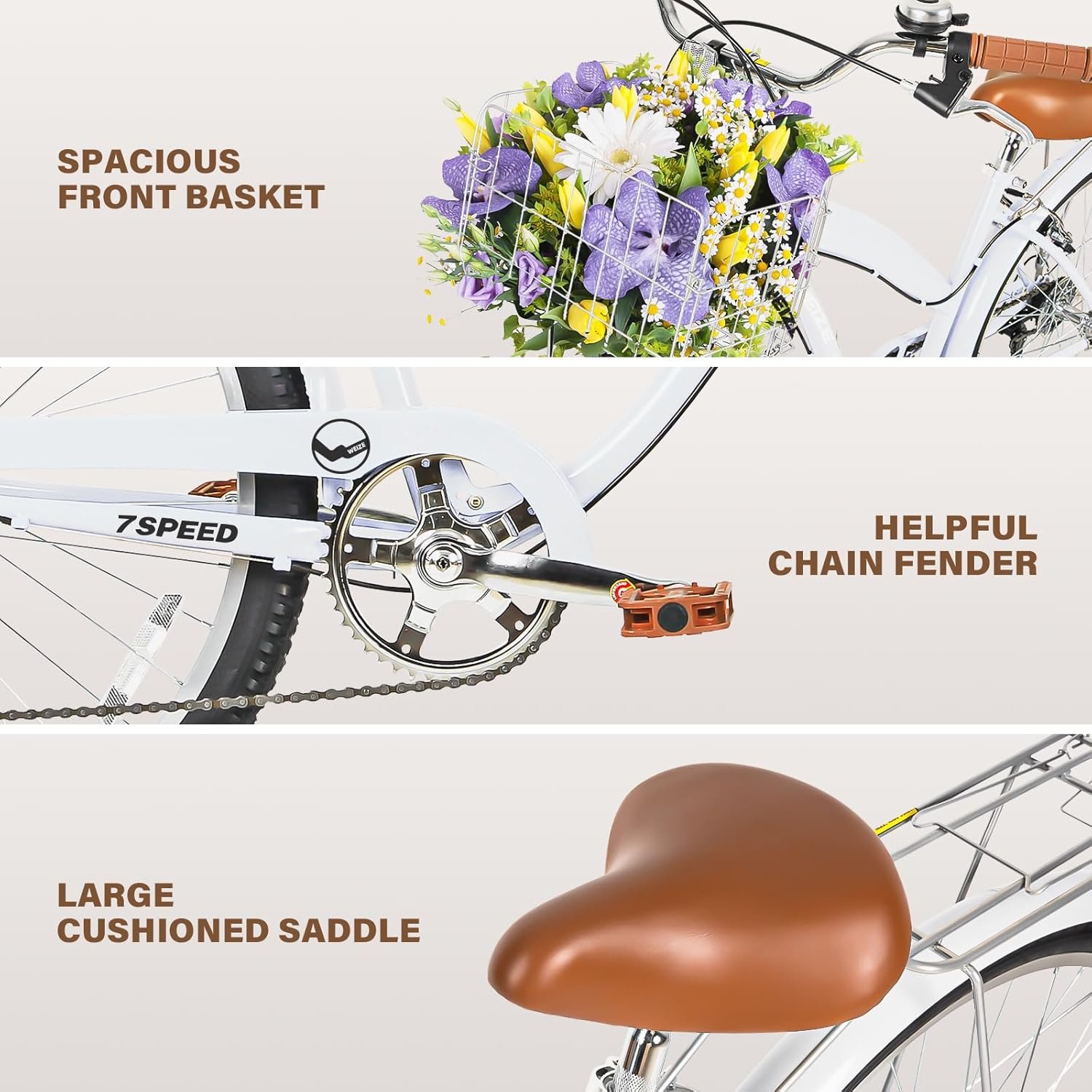 WEIZE Beach Cruiser Bike, 26 inch Commuter Bicycle for Adult Men and Women,High-Carbon Steel/Front & Rear Fenders, Comfortable City Bikes with Rear Rack or Basket, Ergonomic Upright Design - Image 2