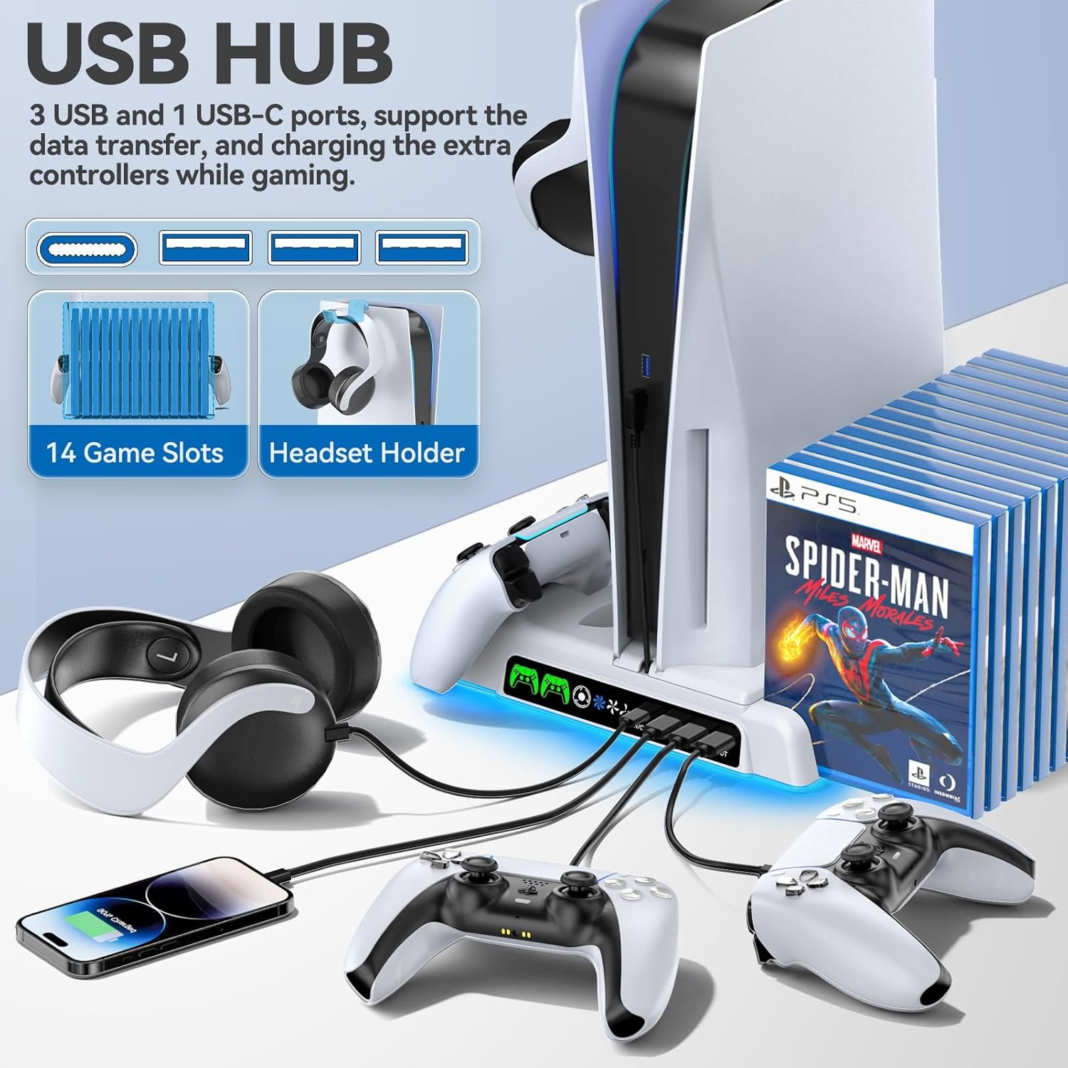 PS5/Slim/Pro Stand and Cooling Station with LED Controller Charging Station for PlayStation 5 Console, Controller Charger, Cooling Stand, PS5/Slim/Pro Skin Accessories Kit with 3 Level Cooler Fan - Image 5