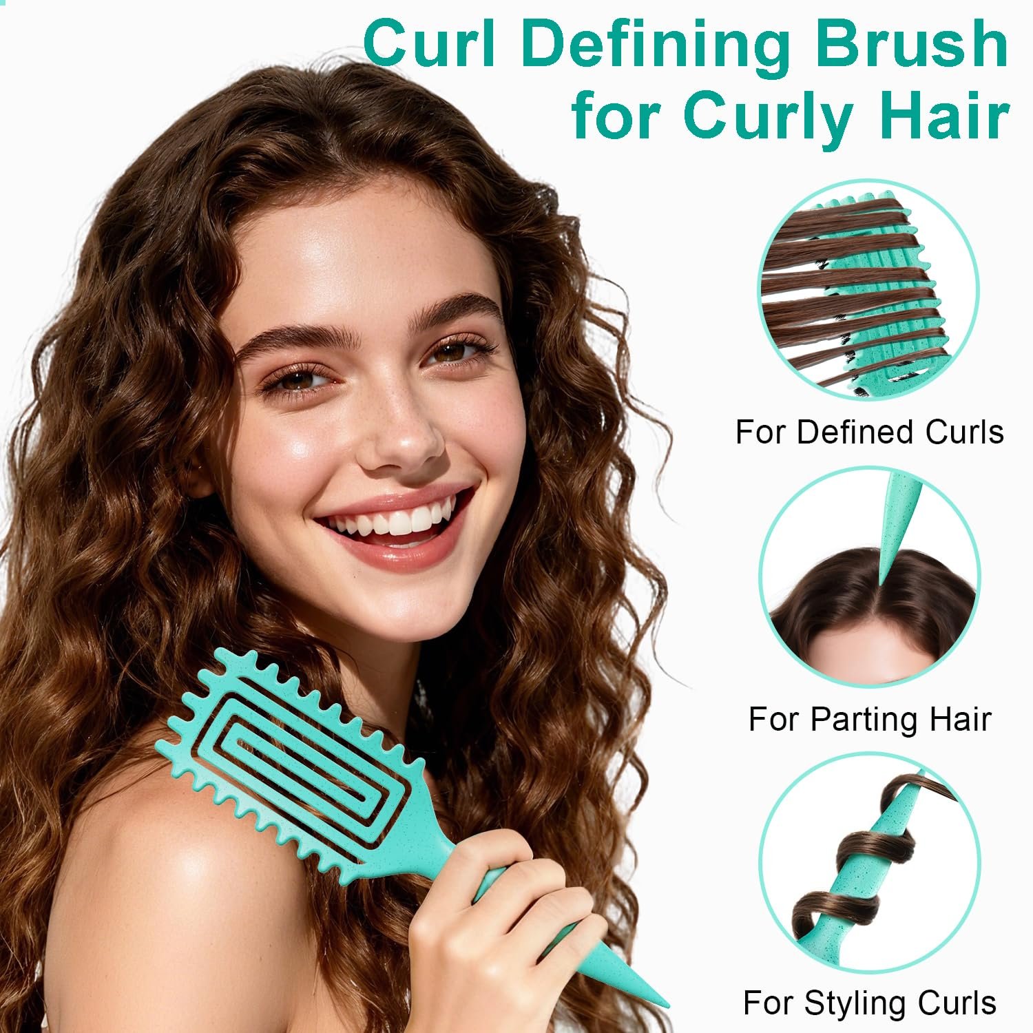 Curly Hair Brush, Curl Defining Brush with Soft Boar Bristles Detangling Tangled Glides, Wide-Teeth Design Effortlessly Shaping & Defining Curls, Curling Definer for Wet & Dry Hair (Green) - Image 3