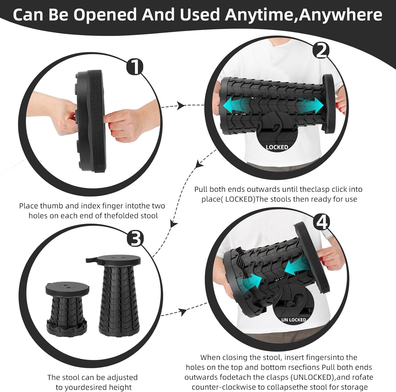 Collapsible Stool, Folding Chair - Upgraded Portable Chair with Load Capacity 400lbs, Portable Stool for Camping Fishing Hiking - Folding Tool with Carrying Straps,Gifts for Fisherman (Black) - Image 7