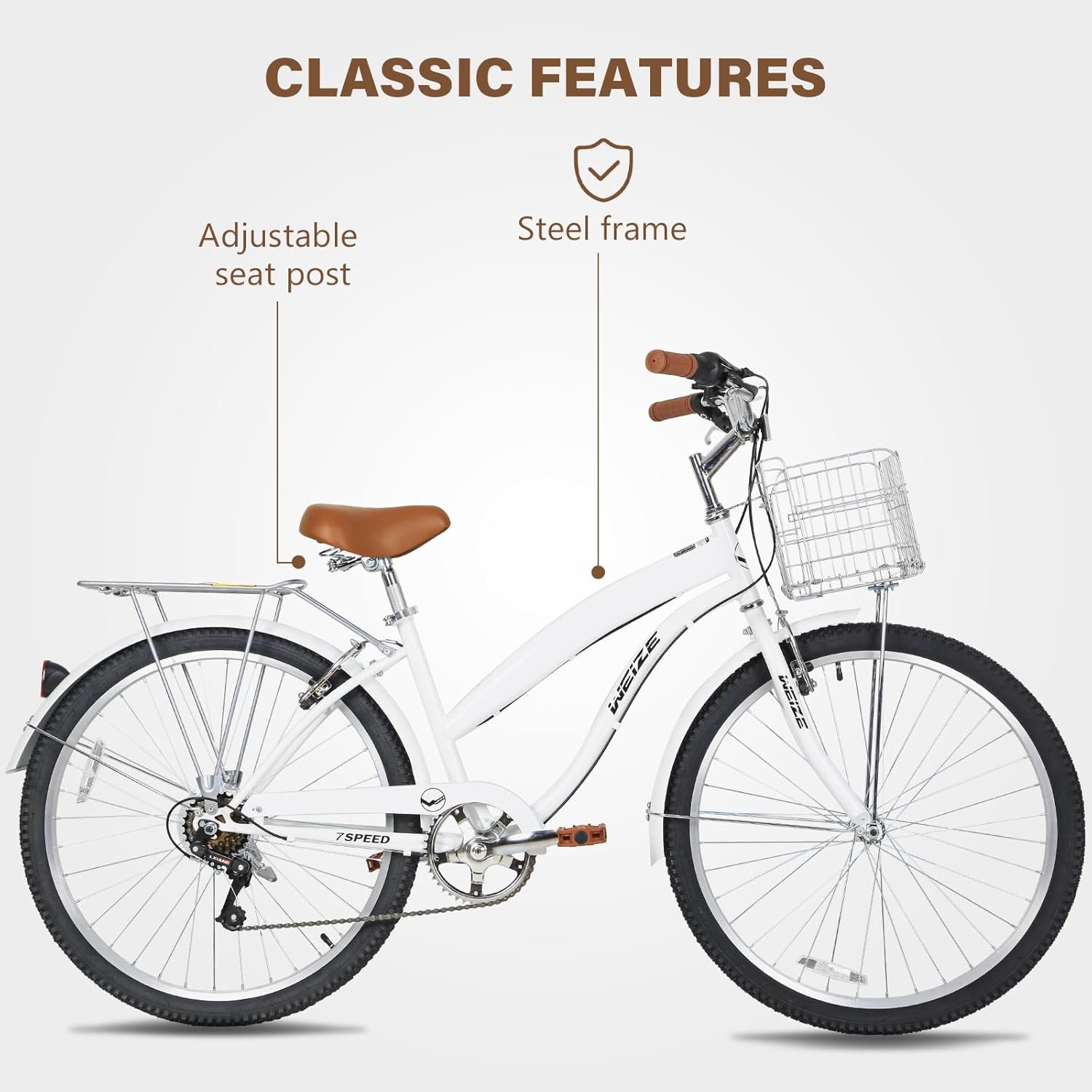 WEIZE Beach Cruiser Bike, 26 inch Commuter Bicycle for Adult Men and Women,High-Carbon Steel/Front & Rear Fenders, Comfortable City Bikes with Rear Rack or Basket, Ergonomic Upright Design - Image 3