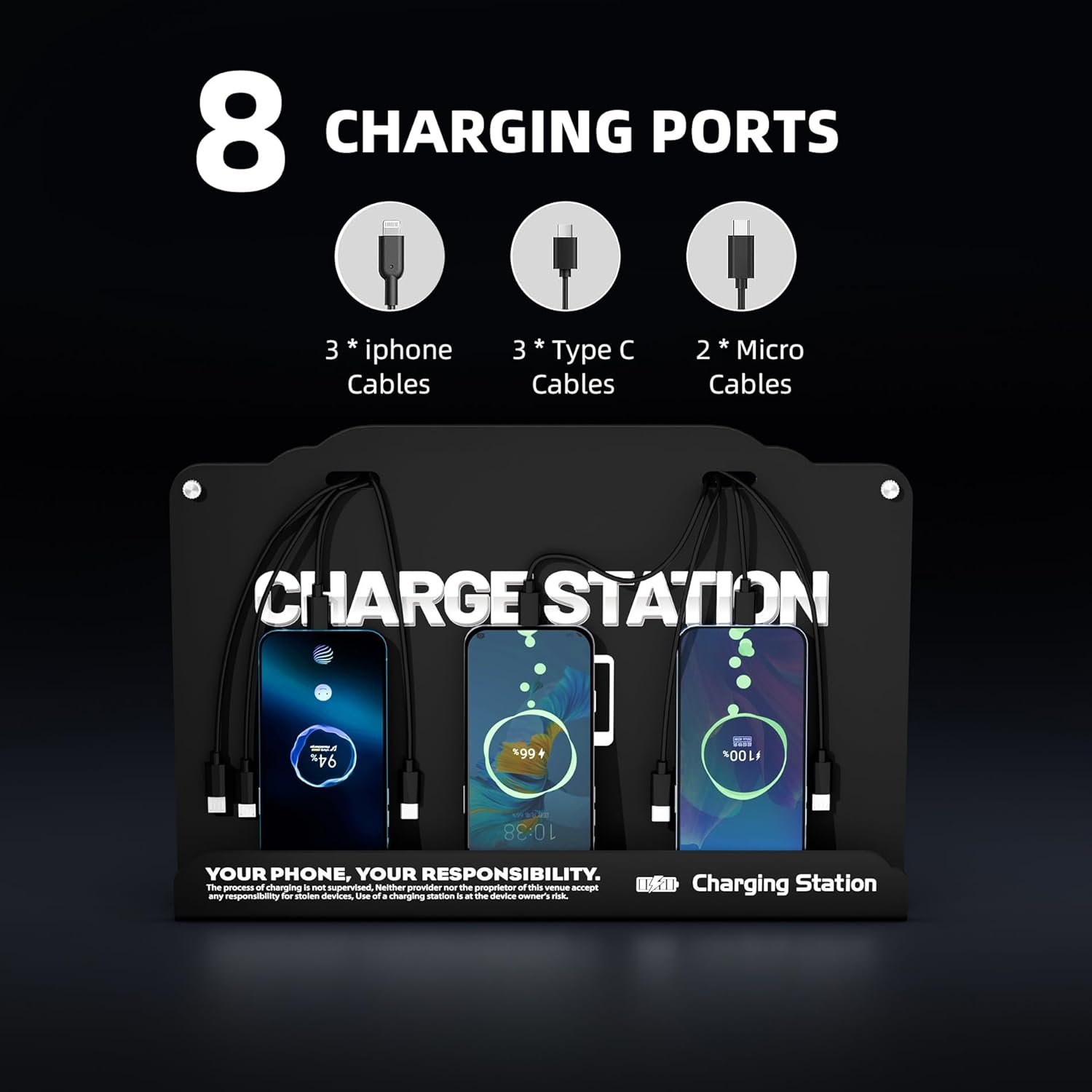 Floor Standing Cell Phone Charging Station with Fast Charigng Cables – 8 Device Charging Dock for Office, Hotel & Public Spaces | Compatible with iPhone ipad Smartphone Tablets Android Port (Black) - Image 2