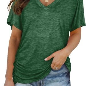 WIHOLL Womens Summer T-Shirts Short Sleeve V Neck Dolman Tops with Side Shirring Loose Fit Shirts Spring Fashion
