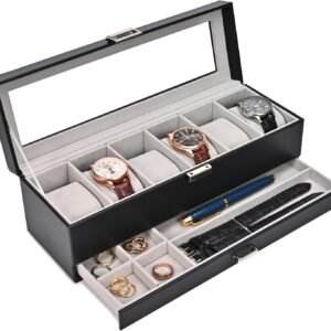 ProCase Watch Box, 6 Slot Watches Display Case with Drawer, Mens Watch Case with Glass Lid, 2-Layer Mens Jewelry Organizer Storage Holder, Birthday Valentine Gifts for Men -6 Slot, Black