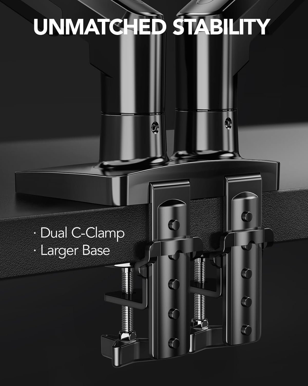 HUANUO FlowLift™ Dual Monitor Stand, Fully Adjustable Gaming Monitor Desk Mount for 13–32″ Computer Screens, Full Motion VESA 75x75/100x100 with C-Clamp & Grommet Base, Each Arm Holds 4.4 to 19.8 lbs - Image 4