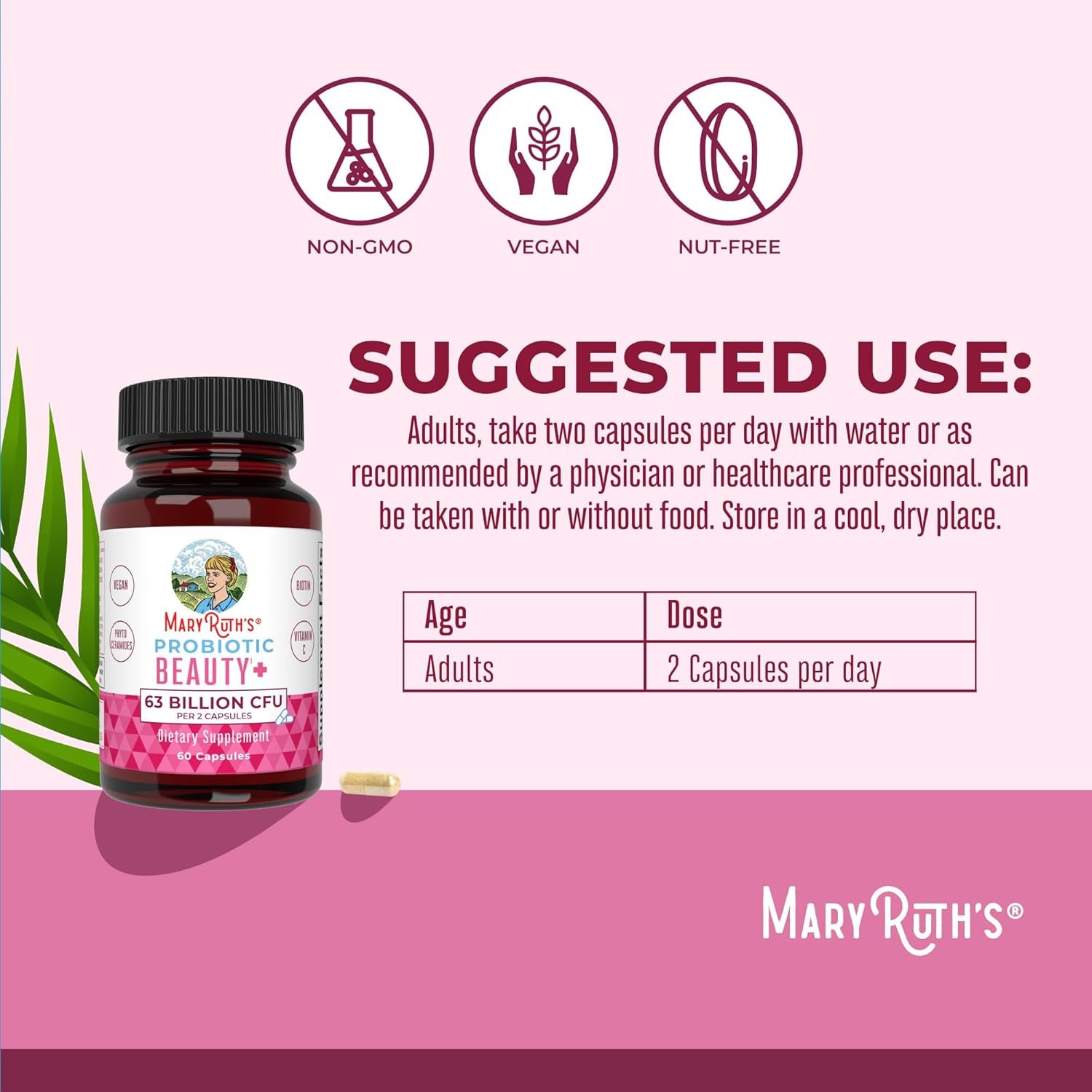 MaryRuth Organics Probiotic Beauty Capsules | Vegan Collagen Support | Anti Aging | Gut Health | Hair Skin and Nails Vitamins | Skin Care | Biotin | Non-GMO Project Verified | 60 Count - Image 3