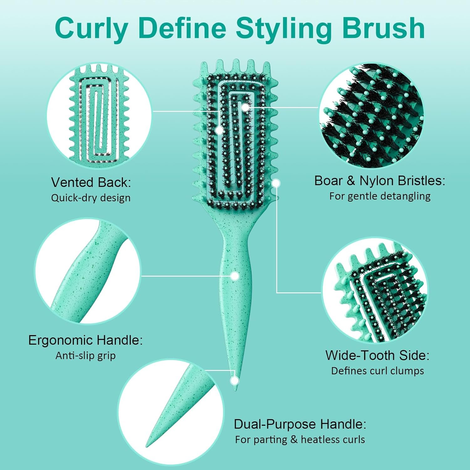 Curly Hair Brush, Curl Defining Brush with Soft Boar Bristles Detangling Tangled Glides, Wide-Teeth Design Effortlessly Shaping & Defining Curls, Curling Definer for Wet & Dry Hair (Green) - Image 2