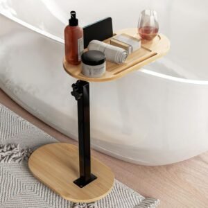 Bamboo Bathtub Tray Table with Adjustable Height, Freestanding Bath Caddy Tray for Tub Against Wall, Bathtub Side Table for Luxury Bath Home Spa Homewarming – Patent Protected (Natural)