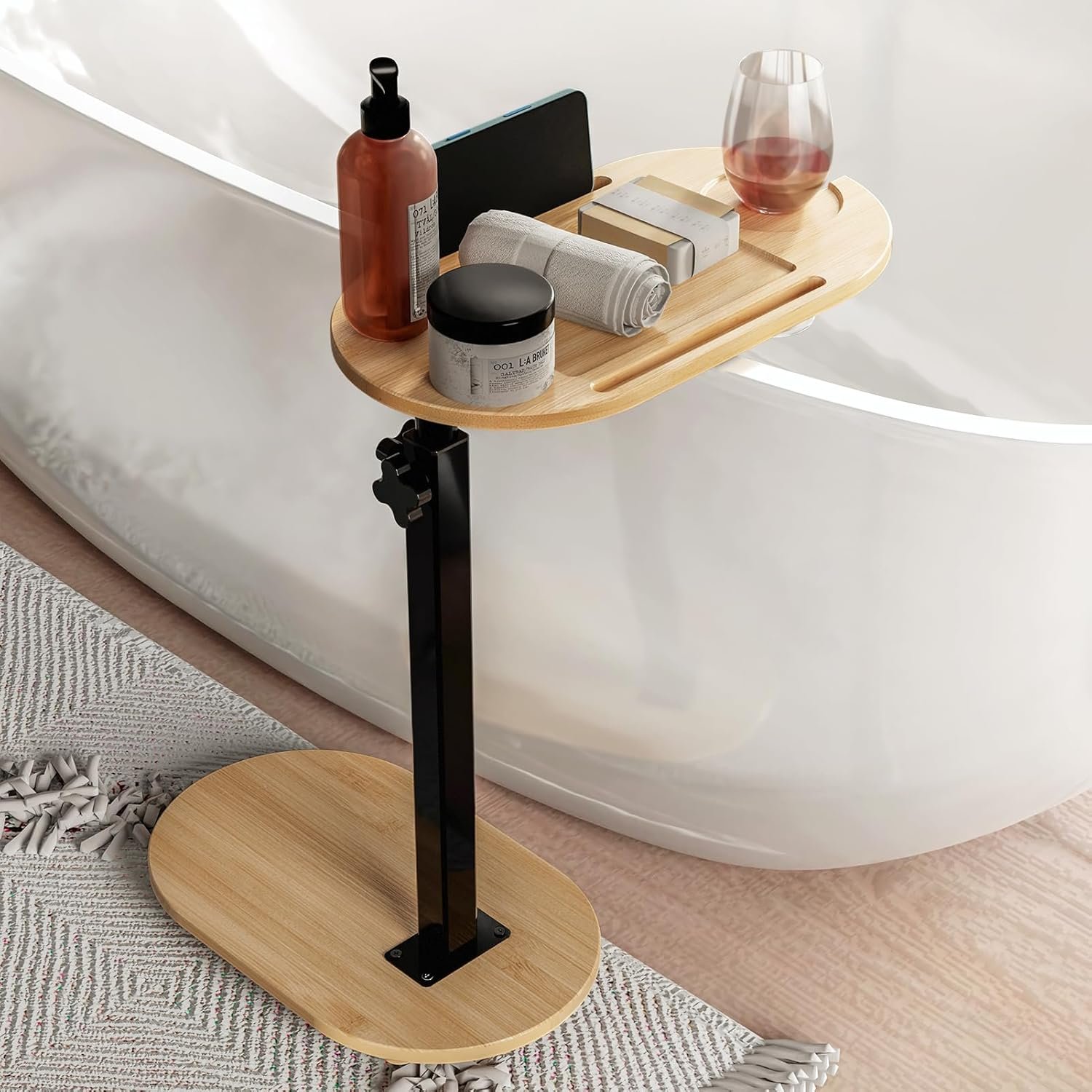Bamboo Bathtub Tray Table with Adjustable Height, Freestanding Bath Caddy Tray for Tub Against Wall, Bathtub Side Table for Luxury Bath Home Spa Homewarming - Patent Protected (Natural)