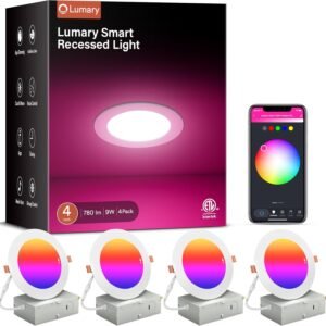 Lumary 4 Inch Smart WiFi Recessed Lights, 9W 780LM RGBWW Color Changing Canless Recessed Lighting with Junction Box, Compatible with Alexa & Google Assistant, BT Remote, ETL Listed, 4 Pack