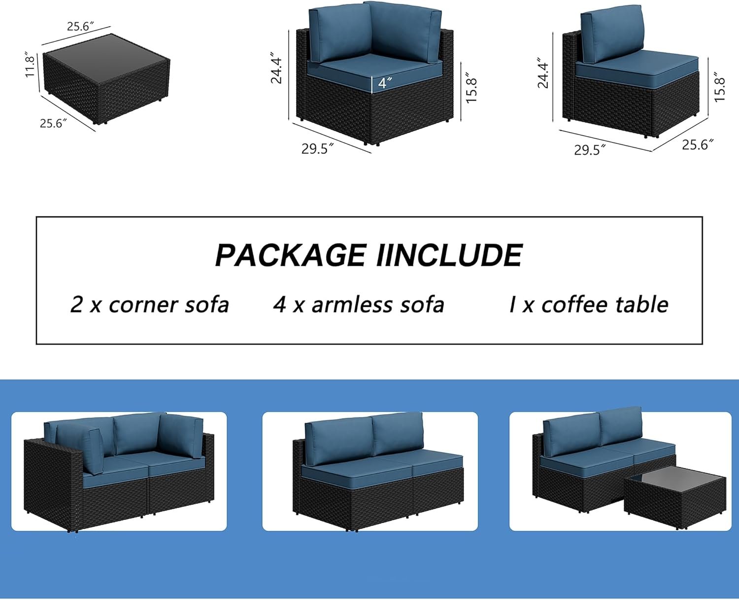 7 Pieces Outdoor Patio Sectional Sofa Couch, Wicker Furniture Patio Conversation Sets with Washable Cushions & Coffee Table for Garden, Poolside, Backyard - Image 3