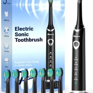 Bymore Electric Toothbrush for Adults, Sonic Rechargeable Toothbrush with 8 Brush Heads, 330-Day Battery, 5 Cleaning Modes & 2-Min Timer, Travel-Friendly Ultra Clean Design – Black