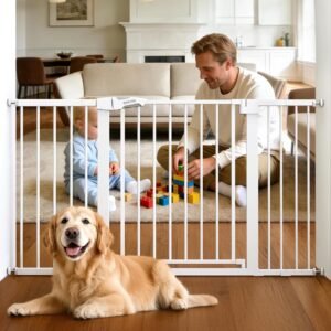 Babelio 29-55 Inch Extra Wide Baby/Dog Gate, PressGuard P7, Metal Auto Close, Pressure Mounted Pet Door for Doorways, NO Need Tools and Drilling, with Wall Cups, White