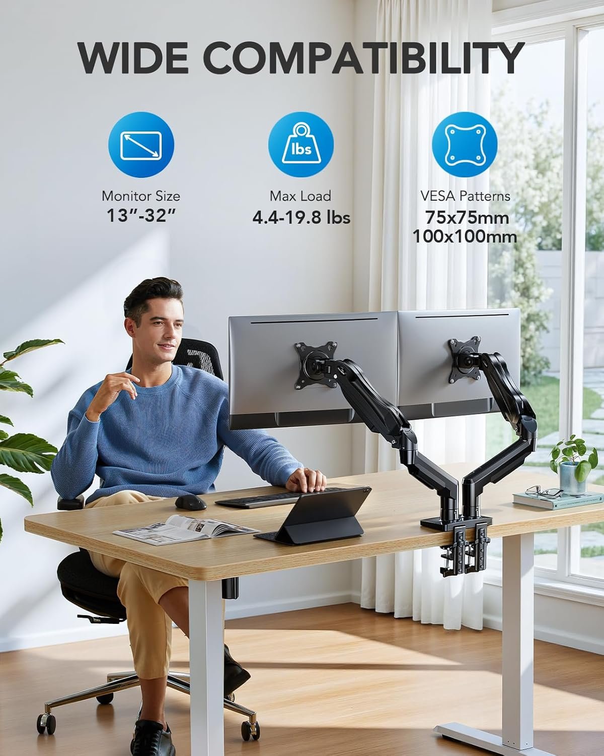 HUANUO FlowLift™ Dual Monitor Stand, Fully Adjustable Gaming Monitor Desk Mount for 13–32″ Computer Screens, Full Motion VESA 75x75/100x100 with C-Clamp & Grommet Base, Each Arm Holds 4.4 to 19.8 lbs - Image 2