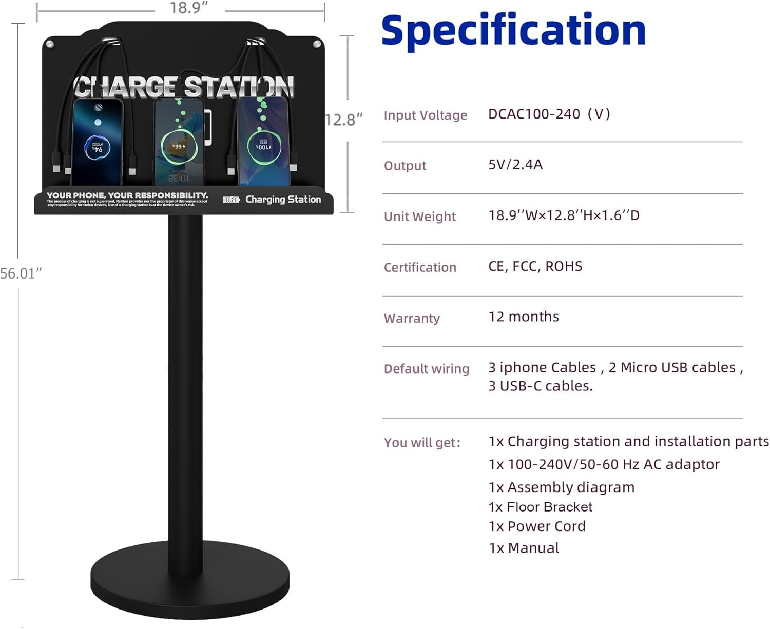 Floor Standing Cell Phone Charging Station with Fast Charigng Cables – 8 Device Charging Dock for Office, Hotel & Public Spaces | Compatible with iPhone ipad Smartphone Tablets Android Port (Black) - Image 6