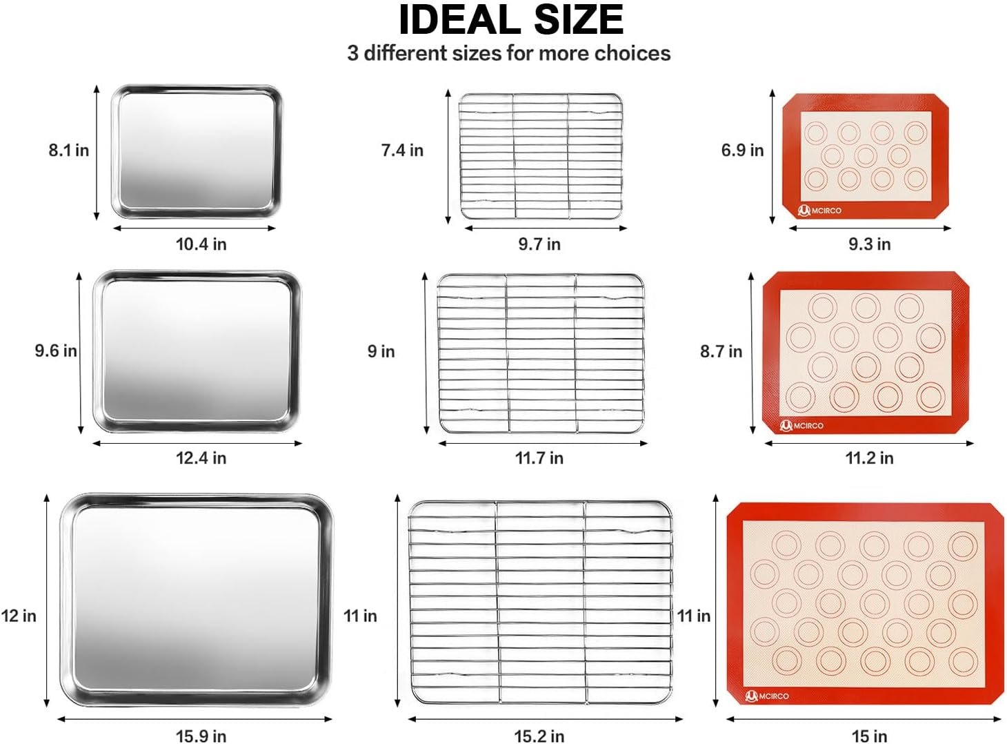 Stainless Steel Baking Sheet Tray Cooling Rack with Silicone Baking Mat Set, Cookie Pan with Cooling Rack, Set of 9 (3 Sheets + 3 Racks + 3 Mats), 10/12/16 Inch, Easy Clean - Image 2