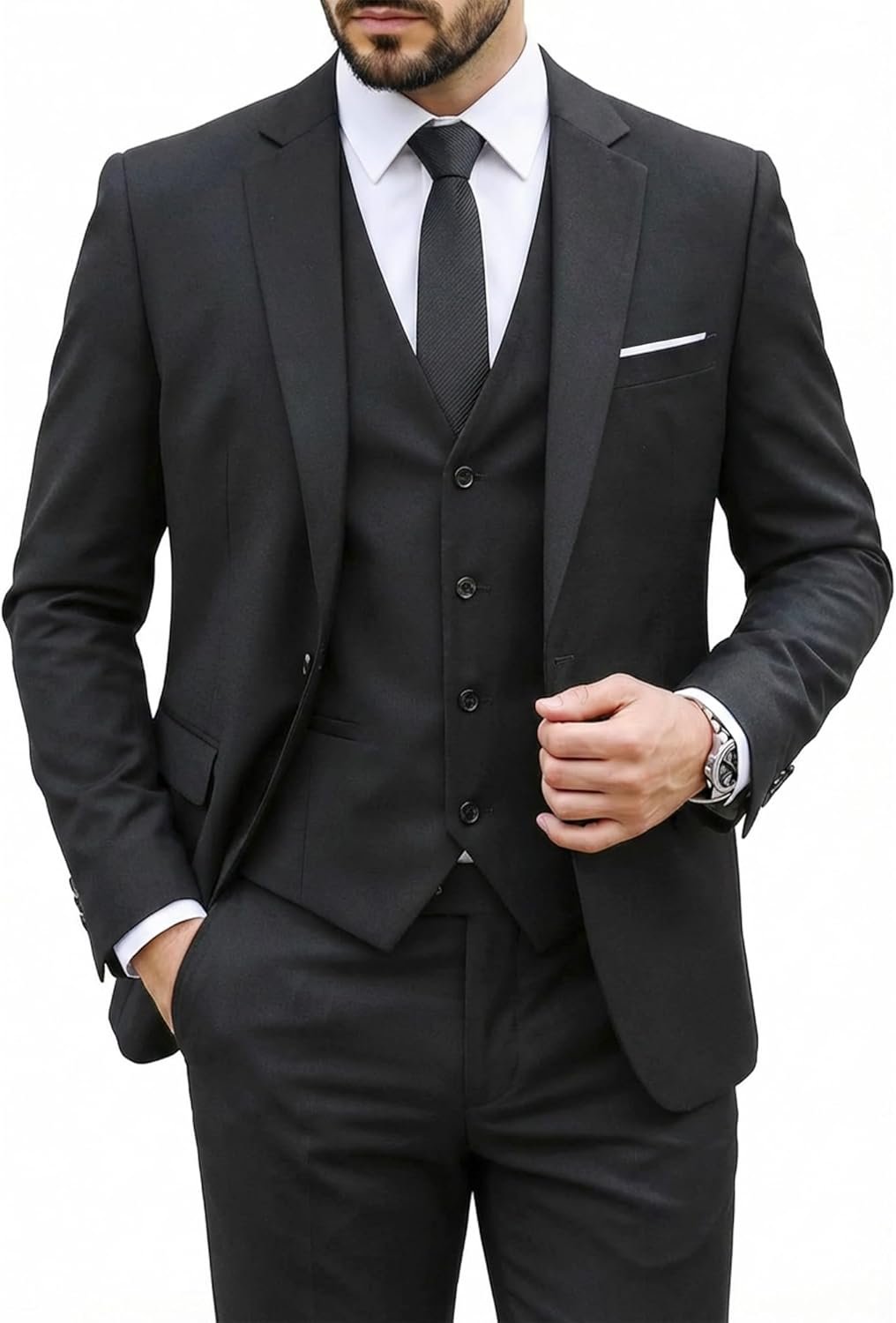MY'S Men's 3 Piece Suit Set with Tie, One Button Slim Fit Solid Jacket Vest Pants, Prom Party Wedding Business Suits for Men