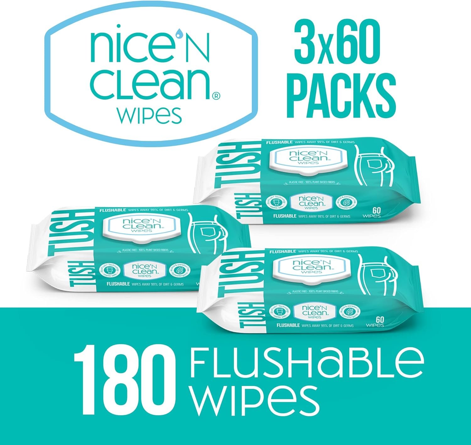 Nice 'N Clean Adult Flushable Wipes (3 x 60 Count) | Personal Cleansing Wipes Made from Plant-Based Fibers | Infused with Aloe & Vitamin E - Image 11