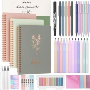 Nicpro 50PCS Cute Spiral Notebook Stationary Set For Women, Bible Journal Set, 3PCS A5 Spiral Notebook, Gel Pens, Sticky Notes & Tabs, Gift Box, Mechanical Pencils for Study Aesthetic School Supplies