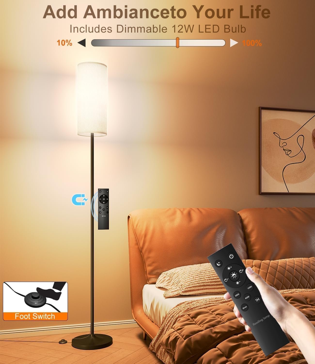 luckystyle Dimmable Floor Standing Tall Lamp, 12W Led Bulb with Lampshade, Foot Switch, Remote Custom Color Temperature Pole for Bedroom, Office, Kids & Living Room, Black - Image 2