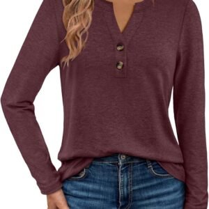 WYNNQUE Womens Long Sleeve Shirts Business Casual Outfits Dressy Tops Blouses Henley V Neck Fall Clothes