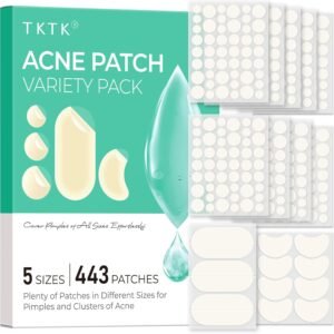 TKTK 443 Count Pimple Patches for Face, Hydrocolloid Acne Patch Bulk, Acne Stickers for Covering Cheeks, Forehead, Chin Blemishes Zit Breakouts for All Skin Types (Dots, Strip, Contoured 5 Sizes)