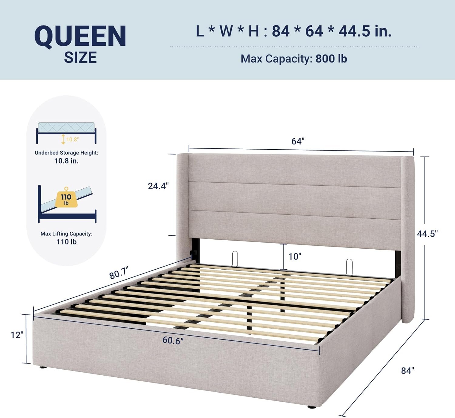 Allewie Queen Size Lift Up Storage Bed, Modern Wingback Headboard, Hydraulic Support, No Box Spring Needed, Light Beige - Image 2