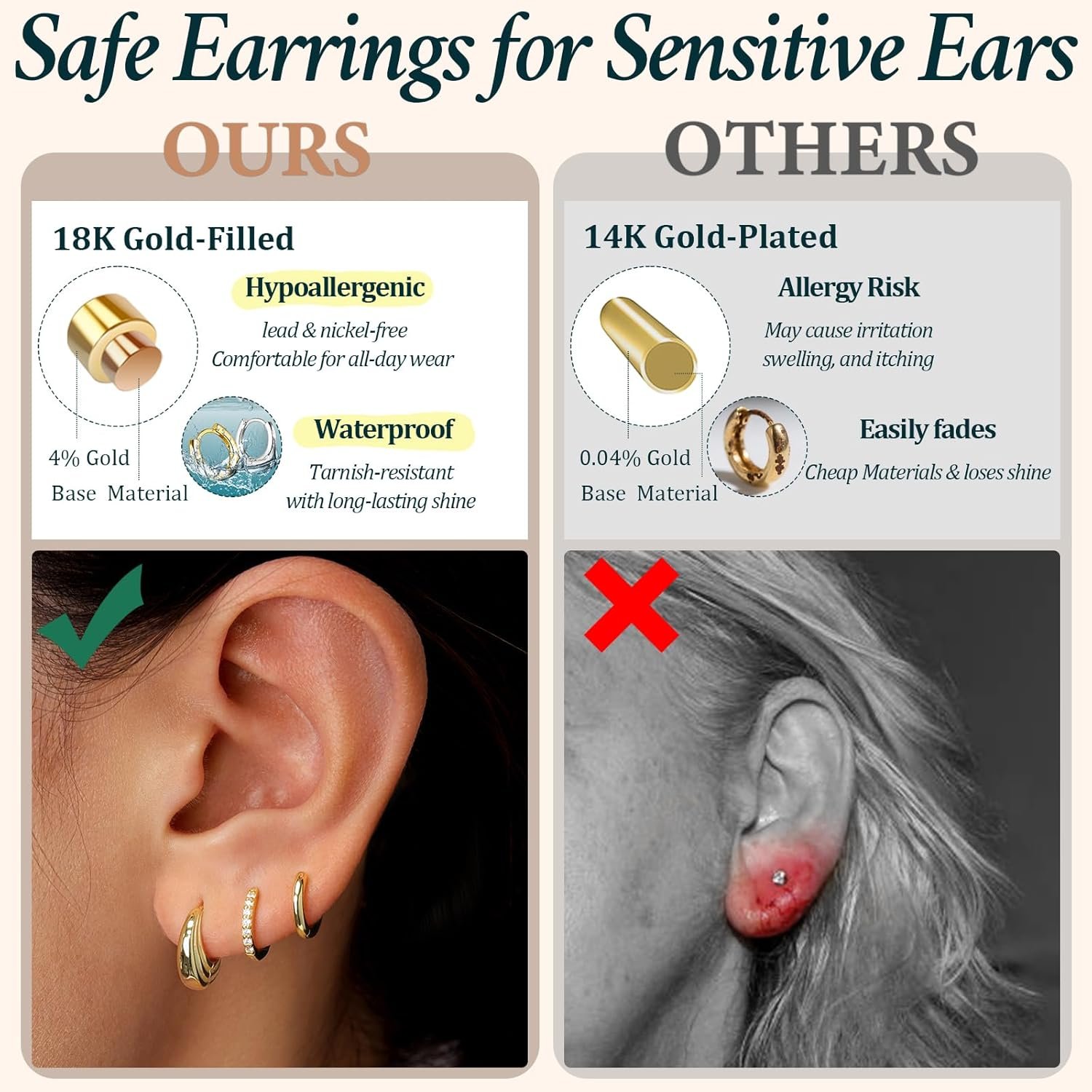 Small Sterling Silver Huggie Hoop Earrings Set for Women, Hypoallergenic 14K Gold Plated Hoops Stacks for Multiple Piercings, Dainty Cute Mini Lightweight Cartilage Studs Trendy Jewelry Gift - Image 4