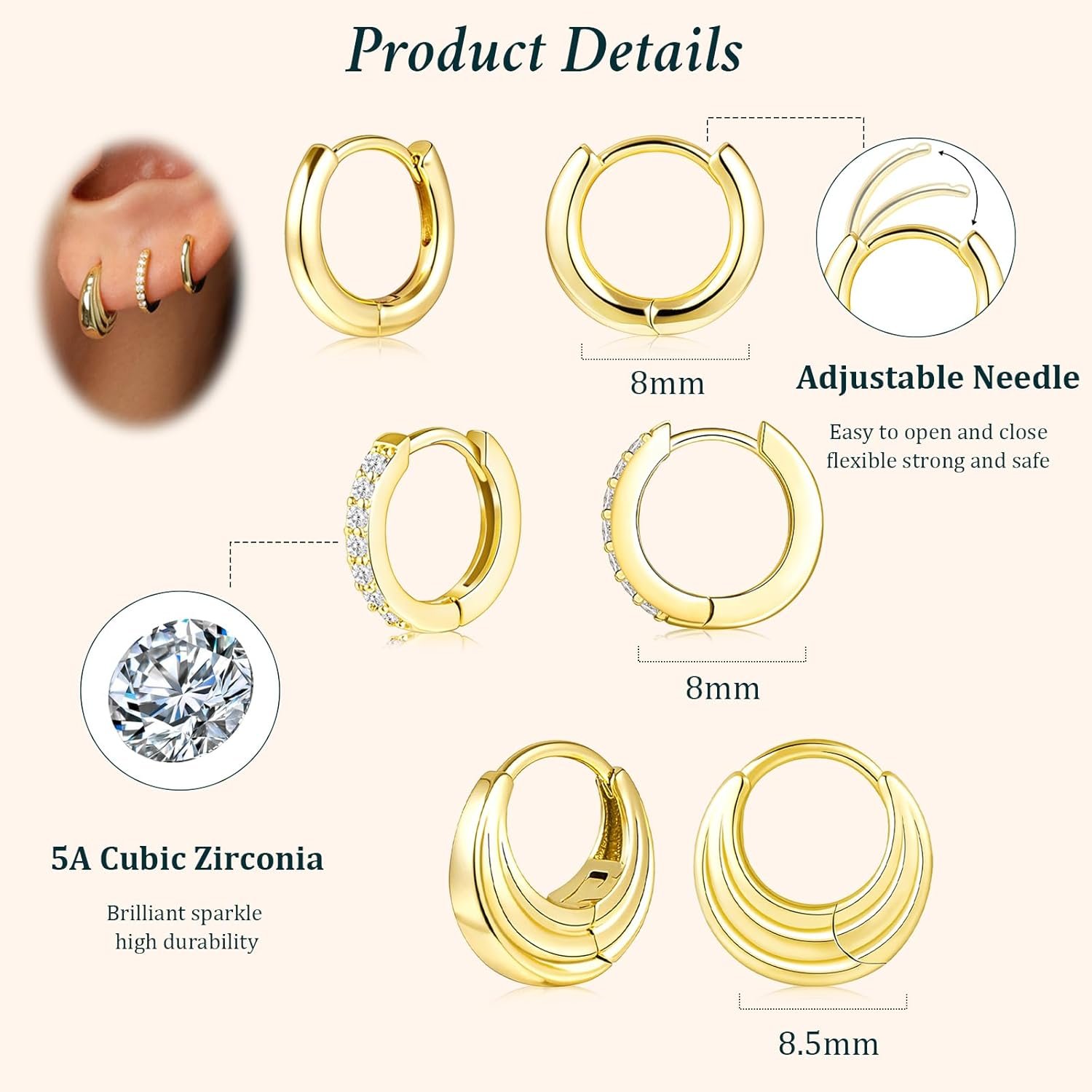 Small Sterling Silver Huggie Hoop Earrings Set for Women, Hypoallergenic 14K Gold Plated Hoops Stacks for Multiple Piercings, Dainty Cute Mini Lightweight Cartilage Studs Trendy Jewelry Gift - Image 5