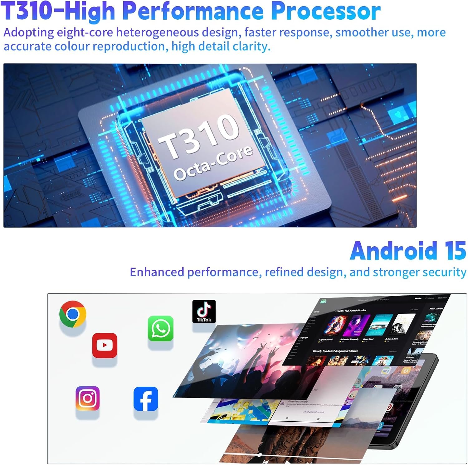 10 Inch Tablet, Android Tablet 10 Inch, Android 15 Tablet with 18GB RAM 128GB ROM, 1TB Expandable, Widevine L1, Octa-Core Processor, WiFi 5, 6000mAh Battery, T310 CPU, Dual Camera (5MP+8MP), Black - Image 3