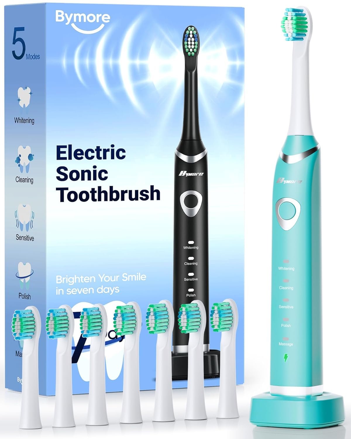 Bymore Electric Toothbrush for Adults,Kids ElectricToothbrush,Travel Sonic Kids Toothbrush with 8 Replacement Heads,Ultra Soft RechargeableToothbrush-Blue