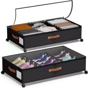 Under Bed Storage with Wheels – Rolling Underbed Containers with PVC Clear Lid & Dividers, 600D Oxford Fabric, PU Leather Handles, Adjustable Magic Tape Partition, XXL 66L (2, Black)