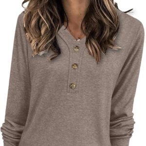 Womens Tops Long Sleeve Shirts Fall Winter Casual V Neck Button Knit Pullover Lightweight Tunic Blouse