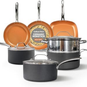 Gotham Steel 12 Pc Ceramic Cookware Set Nonstick, Ceramic Pots and Pans Set Non Stick with Steamer for Cooking, Non Toxic PFOA PFOS Free, Ergonomic Stay Cool Handles, Oven & Dishwasher Safe, Copper