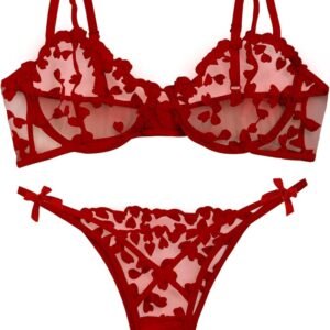 Lilosy Sexy Underwire Cute Push Up Strappy Embroidered Mesh Sheer Lingerie Set See Through Panty Bra