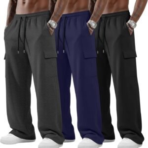 Neer 3 Pack Men’s Big and Tall Cargo Sweatpants Baggy Wide Straight Leg Lightweight Open Bottom Drawstring Pants Pockets