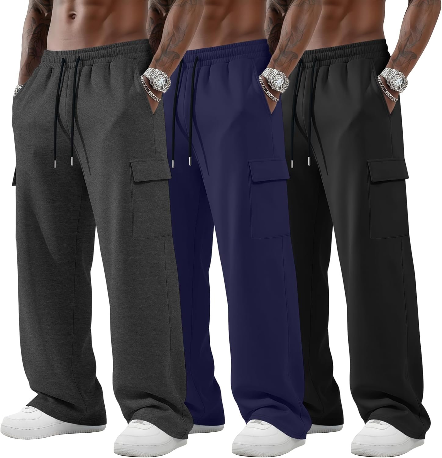 Neer 3 Pack Men's Big and Tall Cargo Sweatpants Baggy Wide Straight Leg Lightweight Open Bottom Drawstring Pants Pockets
