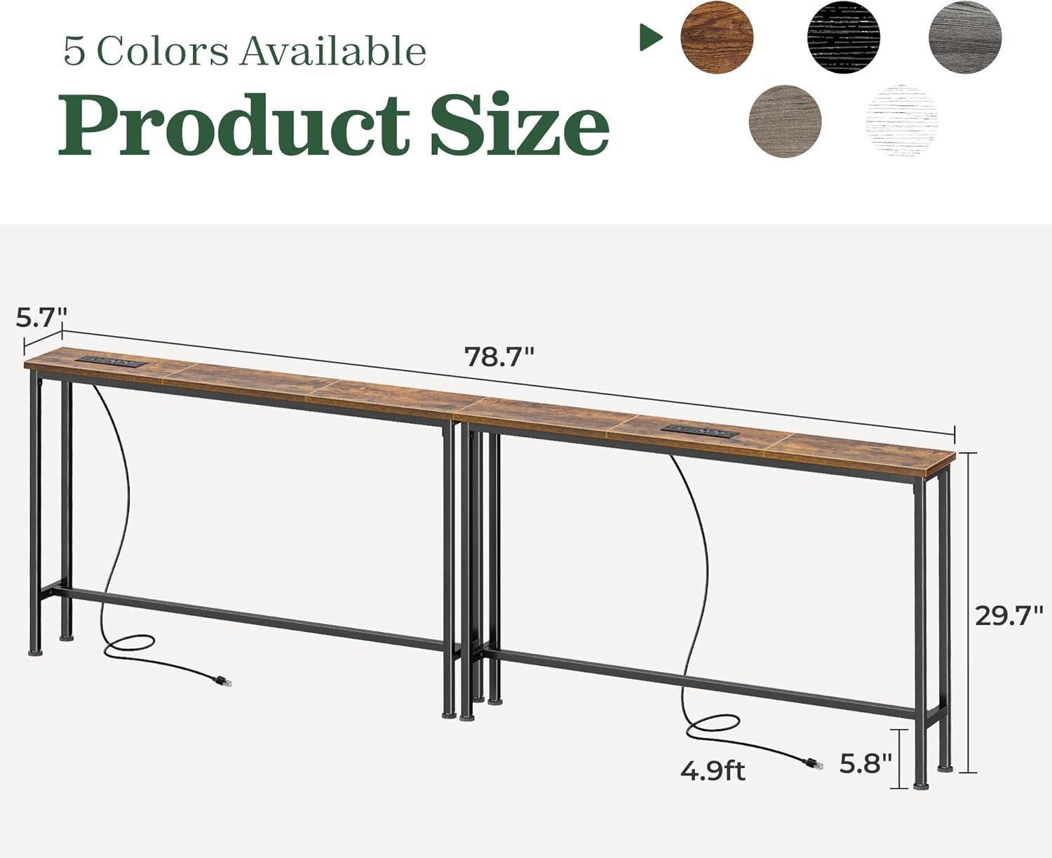 SUPERJARE 78.8 inch Narrow Console Table with Outlet, Sofa Tables, Behind Couch Table, Long Entryway Tables with Charging Station, for Living Room, Rustic Brown - Image 3