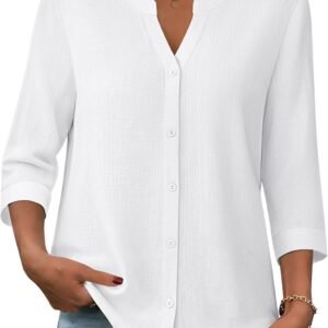 Zeagoo Button Down Shirts for Women 3/4 Sleeve Linen Cotton V Neck Tops Dressy Casual Loose Work Blouses