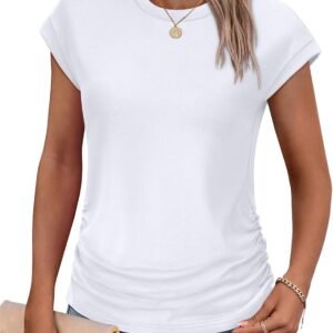 SAMPEEL Womens Summer Tops Trendy 2025 Ruched Cap Short Sleeve Tshirts Shirts Crew Neck T Shirts Fashion