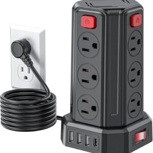 Power Strip Surge Protector, 6.5 Ft Extension Cord with 12 AC Multiple Outlets 4 USB (1 USB C), SMALLRT Power Tower Desktop Charging Station (Black, 6.5 Ft)