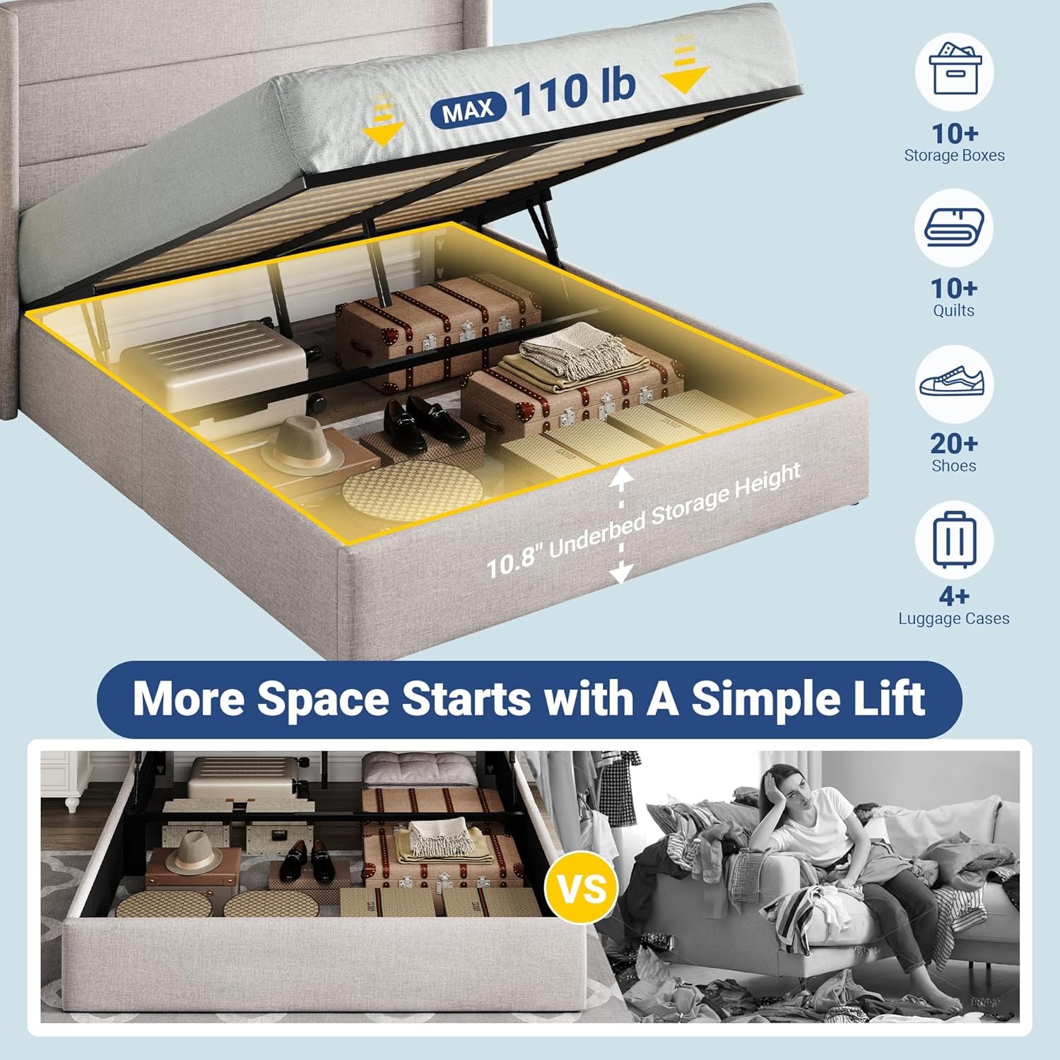 Allewie Queen Size Lift Up Storage Bed, Modern Wingback Headboard, Hydraulic Support, No Box Spring Needed, Light Beige - Image 3