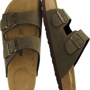 CUSHIONAIRE Lane Cork Footbed Mens Sandals, Adjustable Buckle Comfort Slides for Men, Genuine Leather Insole Summer Sandals Men Footwear