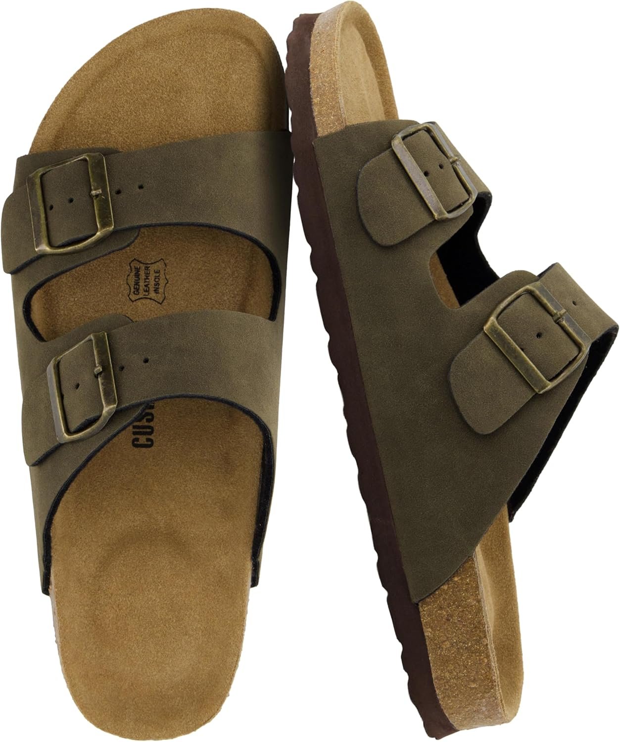 CUSHIONAIRE Lane Cork Footbed Mens Sandals, Adjustable Buckle Comfort Slides for Men, Genuine Leather Insole Summer Sandals Men Footwear